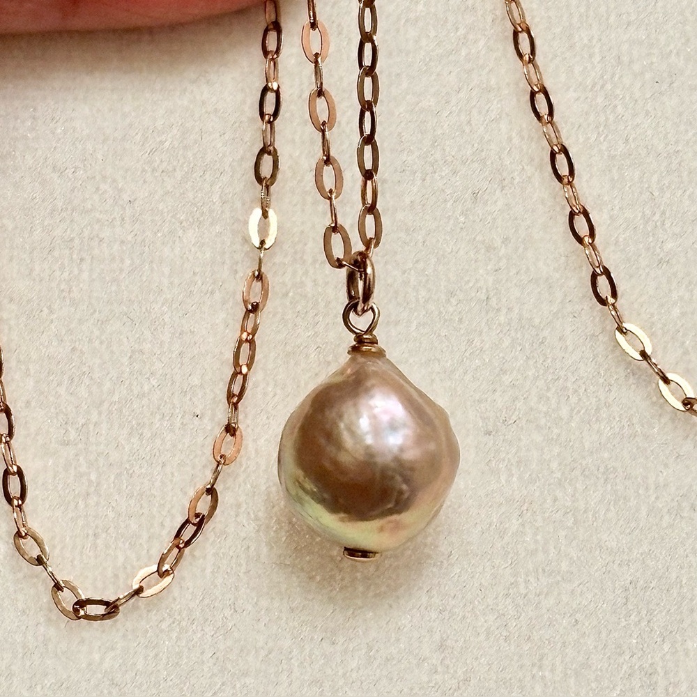 Italian Bronze Chain Necklace with Genuine Baroque Pearl Pendant